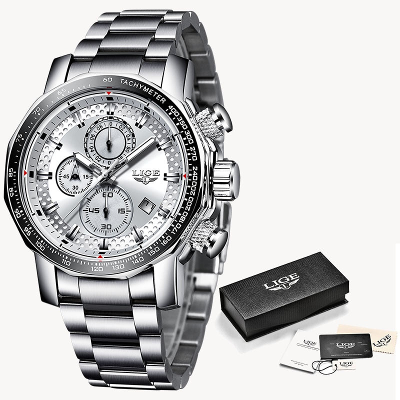 LIGE Silver Big Dial Watch Men Sport Quartz Clock Fashion Men Watches Top Brand Luxury Man Military Waterproof Chronograph 2021 - Azbrowse