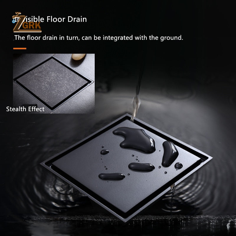ZGRK Black Brass Floor Drain Deodorant 100x100mm Square Anti-odor Linear Shower Drain Bathroom Balcony Shower Drain Hair Catcher