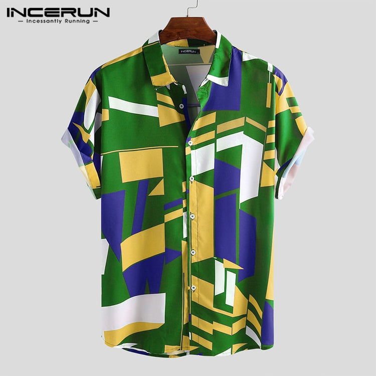 INCERUN Summer Men Beach Shirt Geometric Print Short Sleeve Lapel Neck Button Leisure Hawaiian Shirts Men 2023 Streetwear S-5XL - Azbrowse