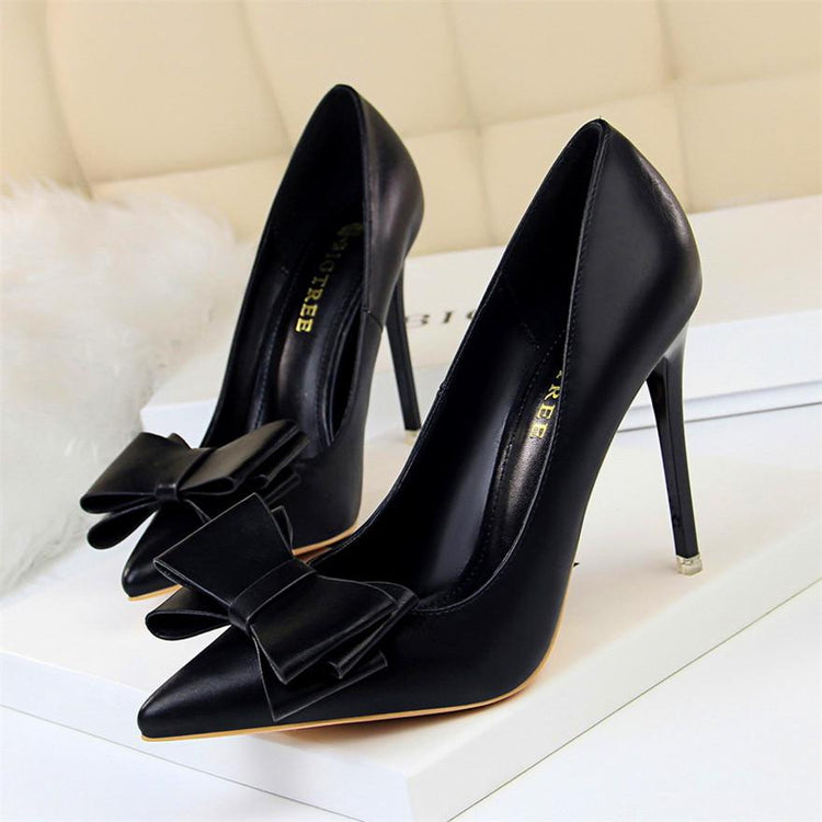 Fashion Sweet Bowknot Slip-on Women Shoes Soft Leather Shallow Pointed Office Shoes Women Pumps Autumn Fashion High Heels Shoes - Azbrowse