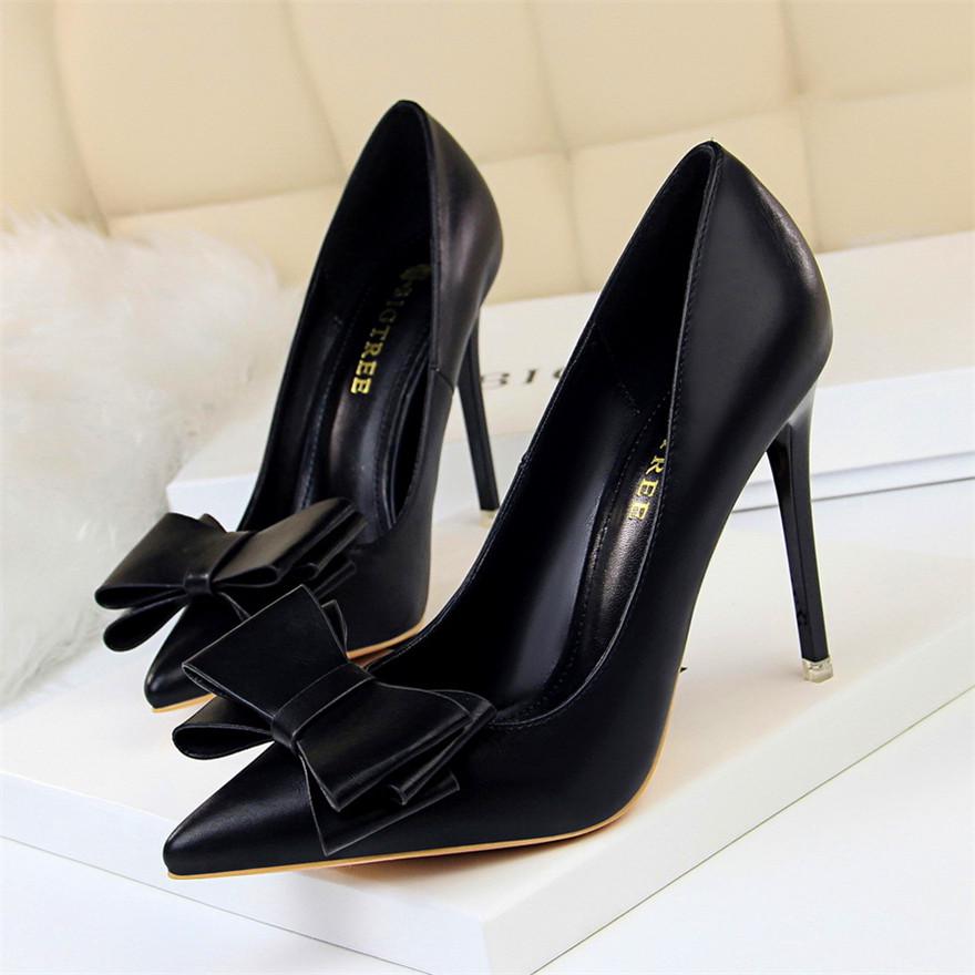 Fashion Sweet Bowknot Slip-on Women Shoes Soft Leather Shallow Pointed Office Shoes Women Pumps Autumn Fashion High Heels Shoes - Azbrowse
