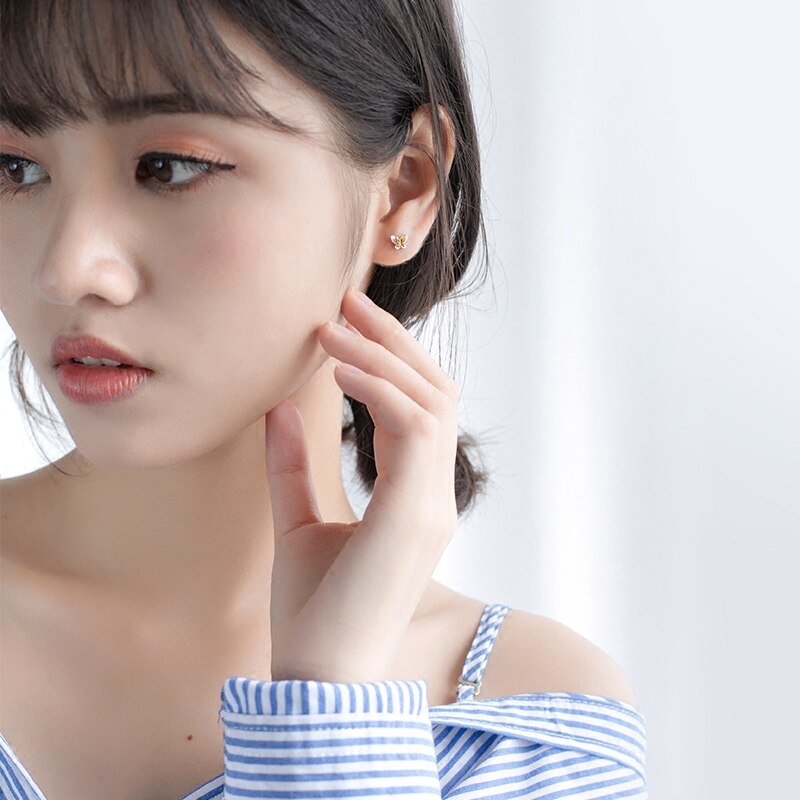 MloveAcc Genuine 925 Sterling Silver Gold Butterfly Stud Earrings for Women Brincos Fashion Silver Jewelry Bijoux - Azbrowse