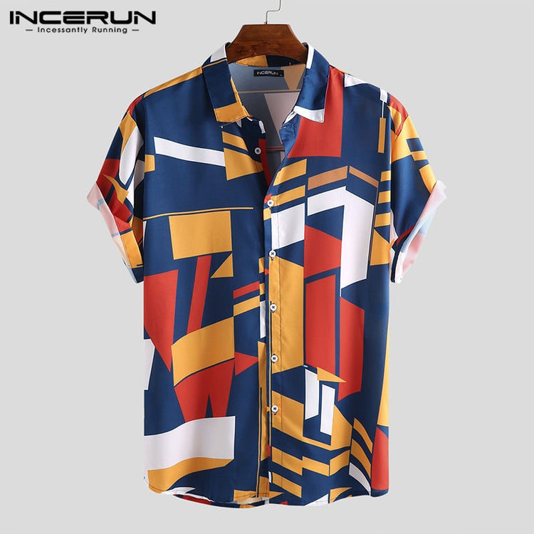 INCERUN Summer Men Beach Shirt Geometric Print Short Sleeve Lapel Neck Button Leisure Hawaiian Shirts Men 2023 Streetwear S-5XL - Azbrowse