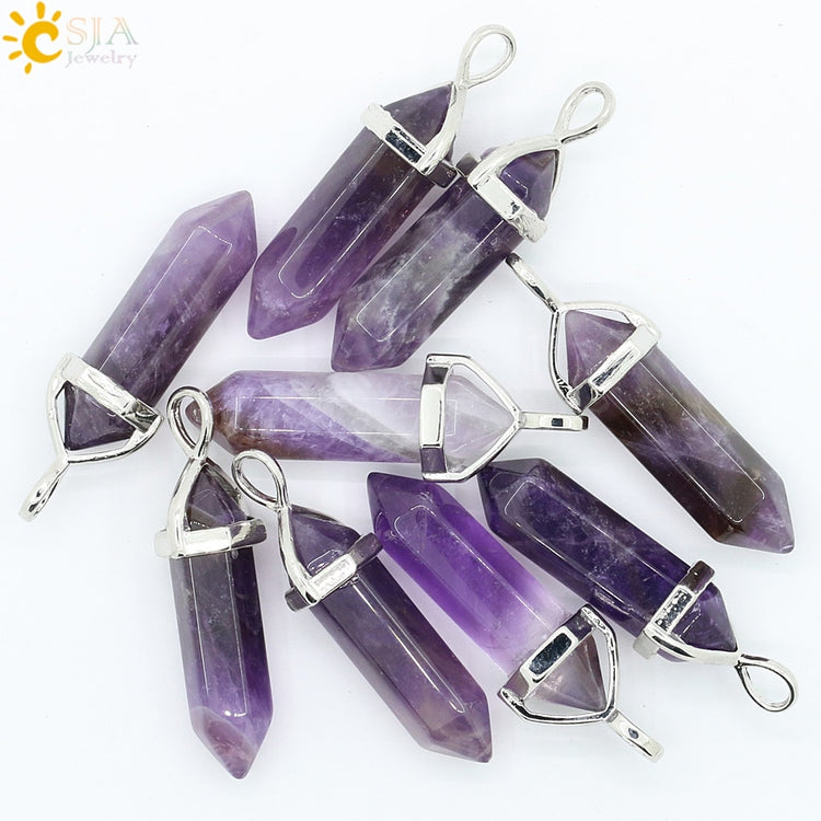 CSJA Real Raw Pink Purple Gem Crystals Necklace Hexagonal Bullet Reiki Chakra Natural Stone Necklace Pendant Women Jewelry E056 - Azbrowse