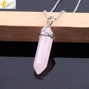 CSJA Real Raw Pink Purple Gem Crystals Necklace Hexagonal Bullet Reiki Chakra Natural Stone Necklace Pendant Women Jewelry E056 - Azbrowse