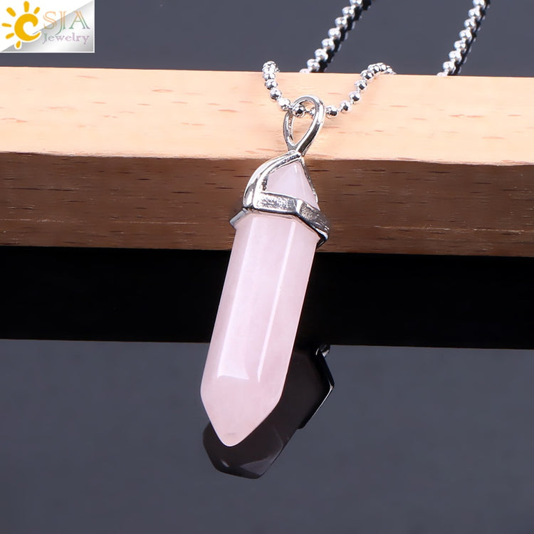 CSJA Real Raw Pink Purple Gem Crystals Necklace Hexagonal Bullet Reiki Chakra Natural Stone Necklace Pendant Women Jewelry E056 - Azbrowse