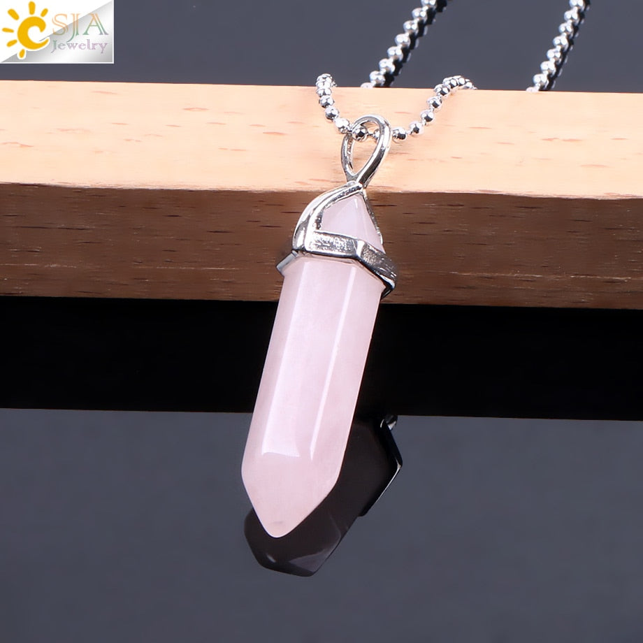 CSJA Real Raw Pink Purple Gem Crystals Necklace Hexagonal Bullet Reiki Chakra Natural Stone Necklace Pendant Women Jewelry E056 - Azbrowse
