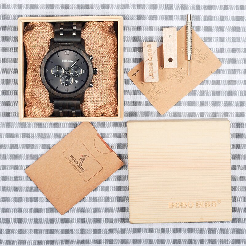 BOBO BIRD P19 Wooden Mens Quartz Watches Date Display Business Watch Man Ebony Zebrawood Options Valentines Christmas Gift - Azbrowse
