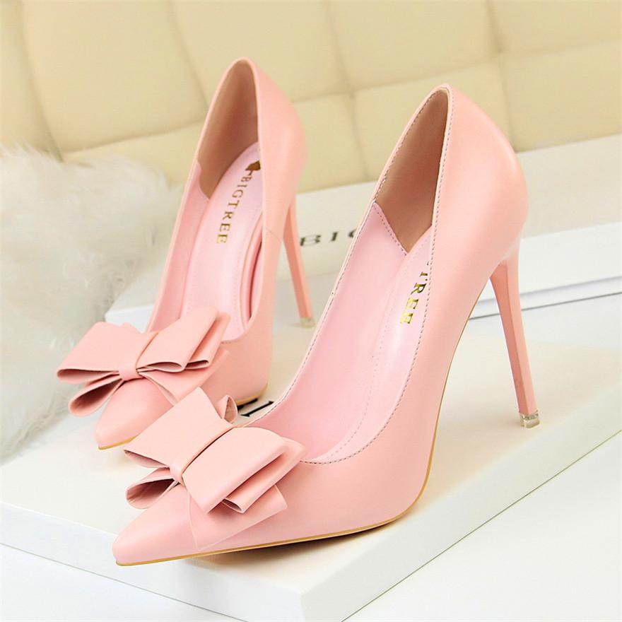 Fashion Sweet Bowknot Slip-on Women Shoes Soft Leather Shallow Pointed Office Shoes Women Pumps Autumn Fashion High Heels Shoes - Azbrowse