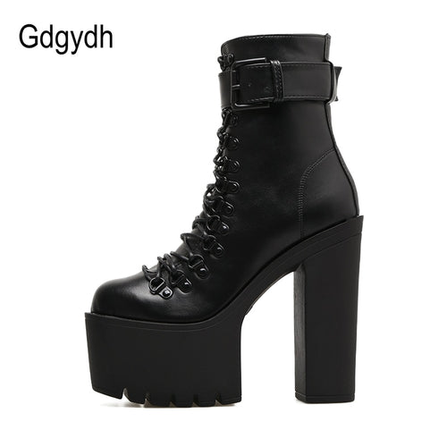 Gdgydh Fashion Motorcycle Boots Women Leather Spring Autumn Metal Buckle High Heels Shoes Zipper Black Ankle Boots Woman Lacing - Azbrowse