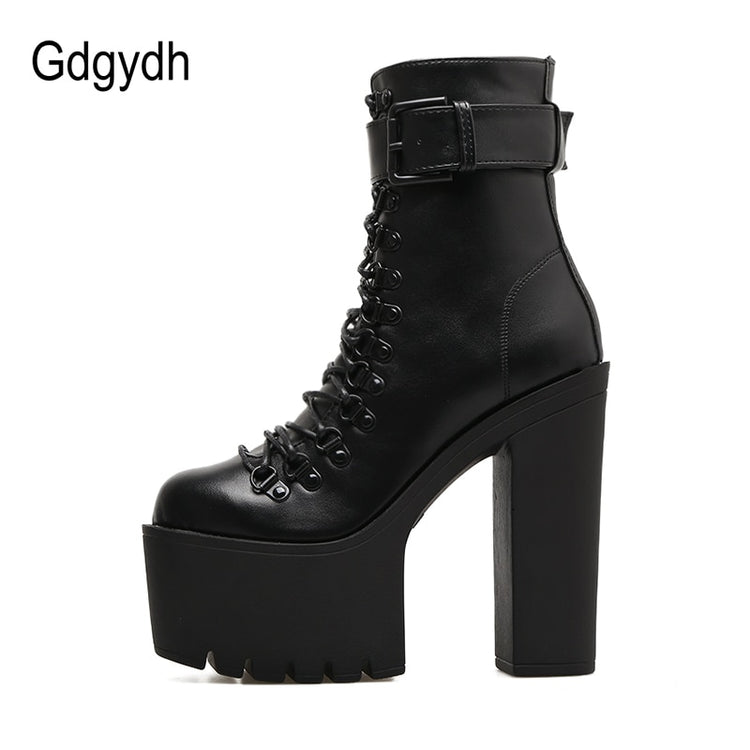 Gdgydh Fashion Motorcycle Boots Women Leather Spring Autumn Metal Buckle High Heels Shoes Zipper Black Ankle Boots Woman Lacing - Azbrowse
