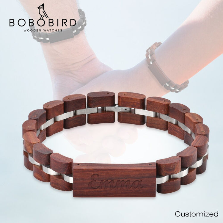 BOBO BIRD Wood Bracelet For Women Free Engraved name Men Bracelet Stainless Steel Bangle Anniversary Gift for Him pulseras mujer - Azbrowse