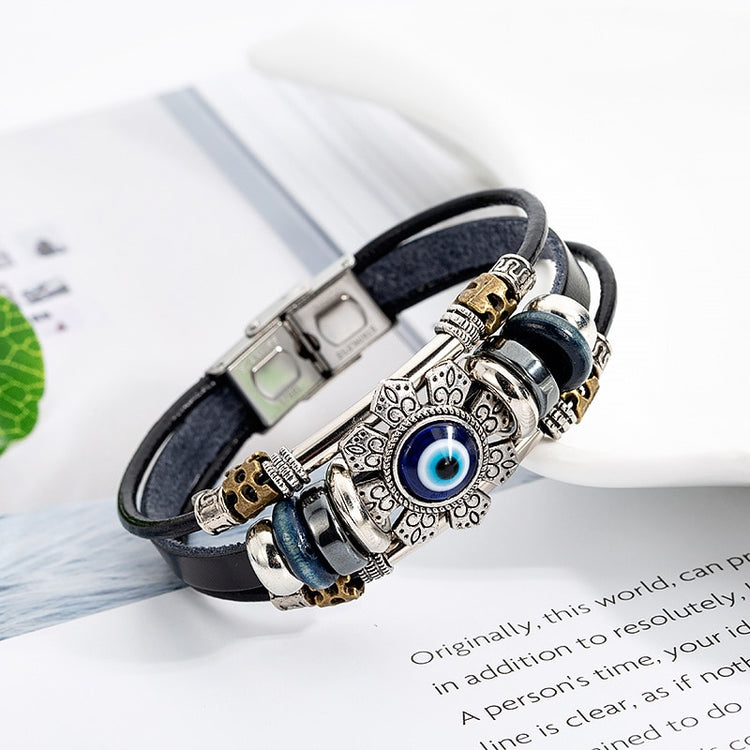 Punk Turkish Evil Eye Stainless Steel Bend Multilayer Leather Bracelet Man Woman Charm Flower Jewelry Bangle Bijouterie - Azbrowse