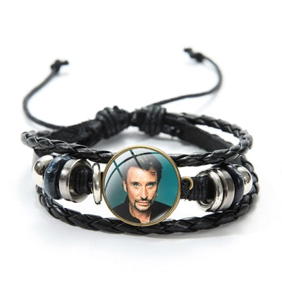 Rock Star Johnny Hallyday Souvenir Bracelets Hand Craft Punk Black Leather Bracelets Jewelry for Men Women Concert Gifts - Azbrowse