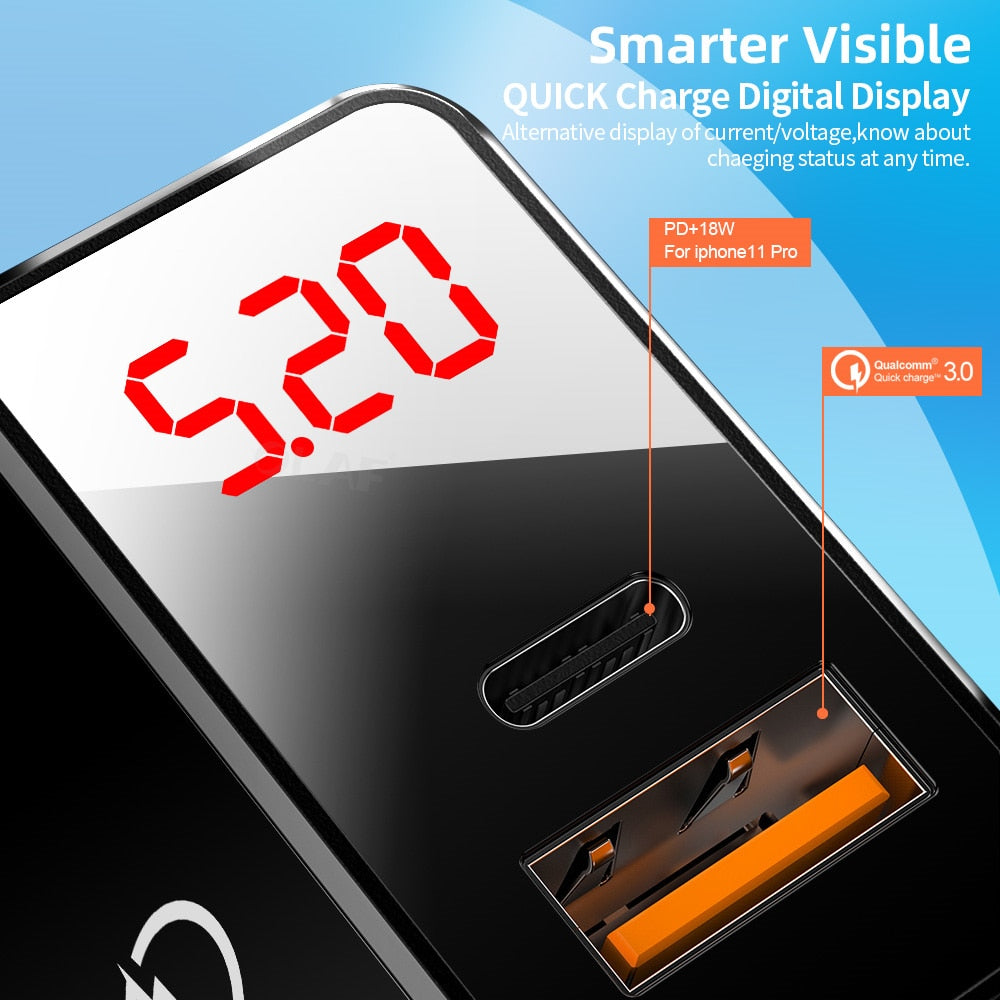 Olaf LED Display PD Fast Charger Type C USB Charger For iphone Samsung Xiaomi QC 3.0 Wall Adapter Phone Charging PD Chargers - Azbrowse