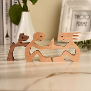 Family Puppy Wood Dog Craft Figurine Desktop Table Ornament Carving Model Home Office Decoration Pet Sculpture Christmas Gift - Azbrowse