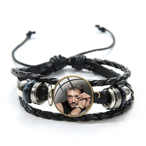 Rock Star Johnny Hallyday Souvenir Bracelets Hand Craft Punk Black Leather Bracelets Jewelry for Men Women Concert Gifts - Azbrowse