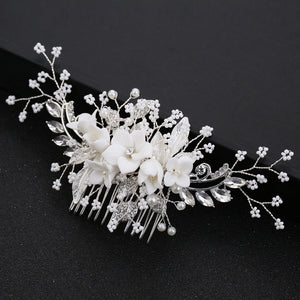 White Flower Rhinestone Pearl Hair Comb Bridal Hair Accessories Elegant Wedding Hair Comb Women Head Ornaments Headband - Azbrowse