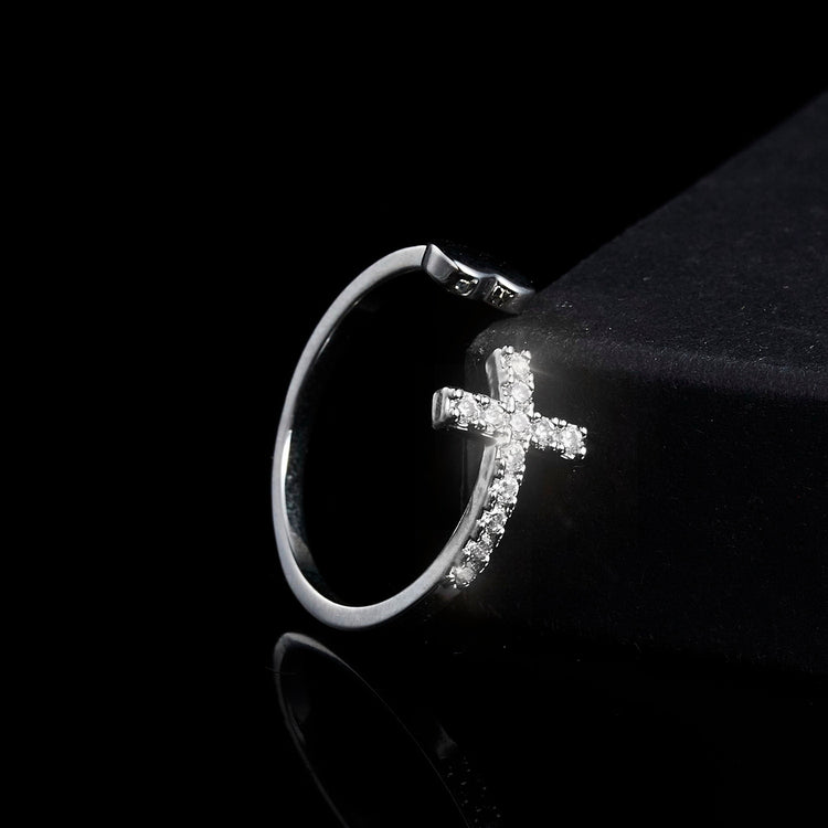 1PC Silver Color Alloy Rhinestone Cross Ring Geometric Heart Adjustable Opening Rings For Women Fashion Jewelry Gift - Azbrowse