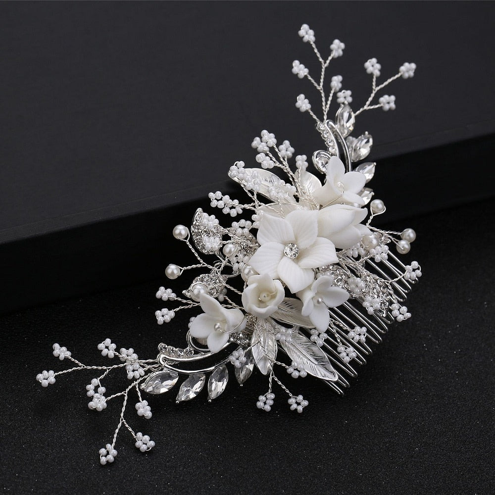 White Flower Rhinestone Pearl Hair Comb Bridal Hair Accessories Elegant Wedding Hair Comb Women Head Ornaments Headband - Azbrowse