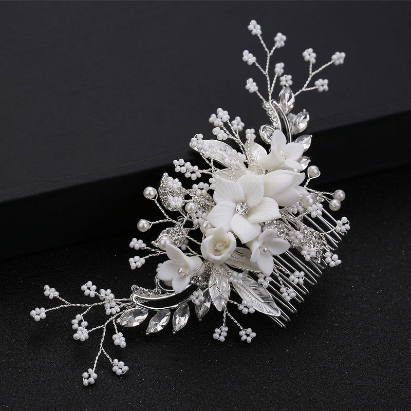 White Flower Rhinestone Pearl Hair Comb Bridal Hair Accessories Elegant Wedding Hair Comb Women Head Ornaments Headband - Azbrowse