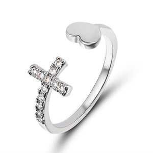 1PC Silver Color Alloy Rhinestone Cross Ring Geometric Heart Adjustable Opening Rings For Women Fashion Jewelry Gift - Azbrowse