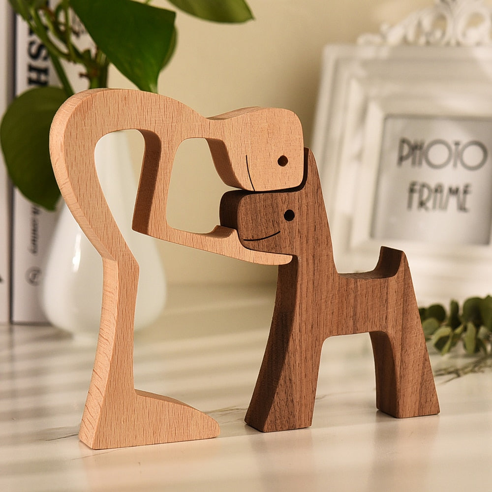 Family Puppy Wood Dog Craft Figurine Desktop Table Ornament Carving Model Home Office Decoration Pet Sculpture Christmas Gift - Azbrowse