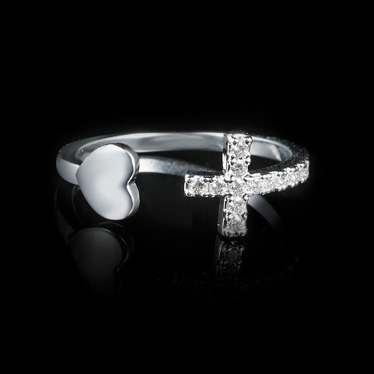 1PC Silver Color Alloy Rhinestone Cross Ring Geometric Heart Adjustable Opening Rings For Women Fashion Jewelry Gift - Azbrowse