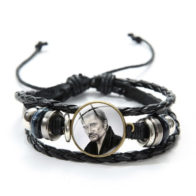 Rock Star Johnny Hallyday Souvenir Bracelets Hand Craft Punk Black Leather Bracelets Jewelry for Men Women Concert Gifts - Azbrowse