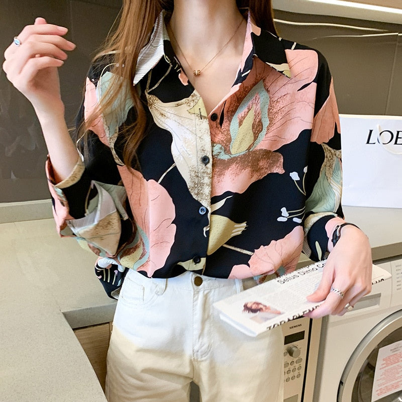 2022 New Summer Korean Style Lightweight Long Sleeve Women Shirt  Chiffon V-Neck Single Breasted Girl Fashion Clothes