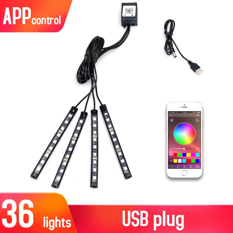 Led Car Interior Backlight With Usb Cigarette Lighter Ambient Atmosphere Mood Light Rgb Remote App Auto Foot Decorative Lamp - Azbrowse