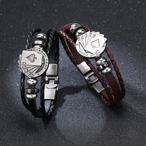 POKER BROWN LEATHER CUFF BRACELET MEN'S MULTILAYER WRAP WRISTBAND FRIENDSHIP VINTAGE BIKER PLAYING CARD POKER BANGLE MEN JEWELRY - Azbrowse