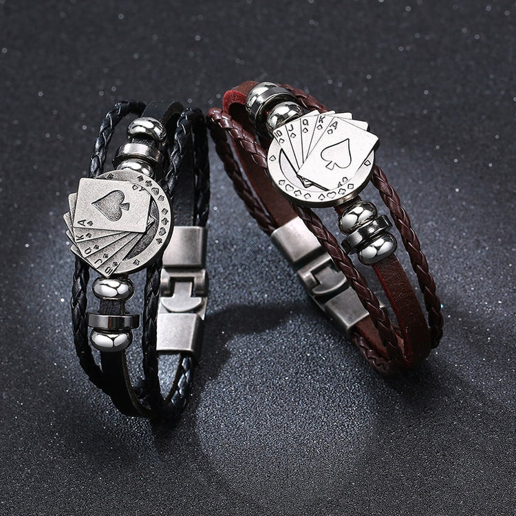 POKER BROWN LEATHER CUFF BRACELET MEN'S MULTILAYER WRAP WRISTBAND FRIENDSHIP VINTAGE BIKER PLAYING CARD POKER BANGLE MEN JEWELRY - Azbrowse
