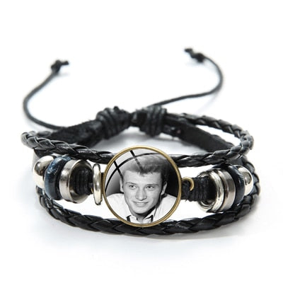 Rock Star Johnny Hallyday Souvenir Bracelets Hand Craft Punk Black Leather Bracelets Jewelry for Men Women Concert Gifts - Azbrowse