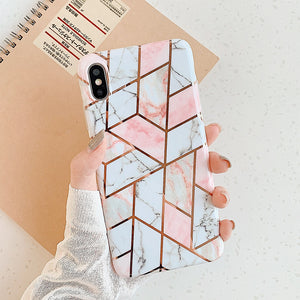 LOVECOM Geometric Marble Phone Cases For iPhone 13 12 Pro Max 11 14 Pro Max 14 Plus Coque Soft IMD Electroplated Back Bumper - Azbrowse