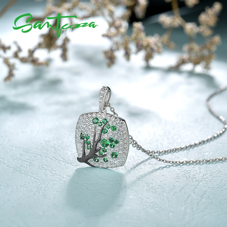 SANTUZZA 925 Sterling Silver Pendant For Women Sparkling Pink Green Cherry Tree Delicate Fashion подвеска кулон Fine Jewelry - Azbrowse