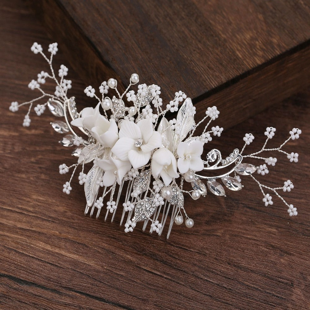 White Flower Rhinestone Pearl Hair Comb Bridal Hair Accessories Elegant Wedding Hair Comb Women Head Ornaments Headband - Azbrowse