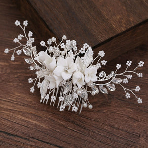 White Flower Rhinestone Pearl Hair Comb Bridal Hair Accessories Elegant Wedding Hair Comb Women Head Ornaments Headband - Azbrowse
