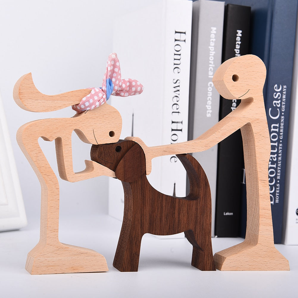 Family Puppy Wood Dog Craft Figurine Desktop Table Ornament Carving Model Home Office Decoration Pet Sculpture Christmas Gift - Azbrowse