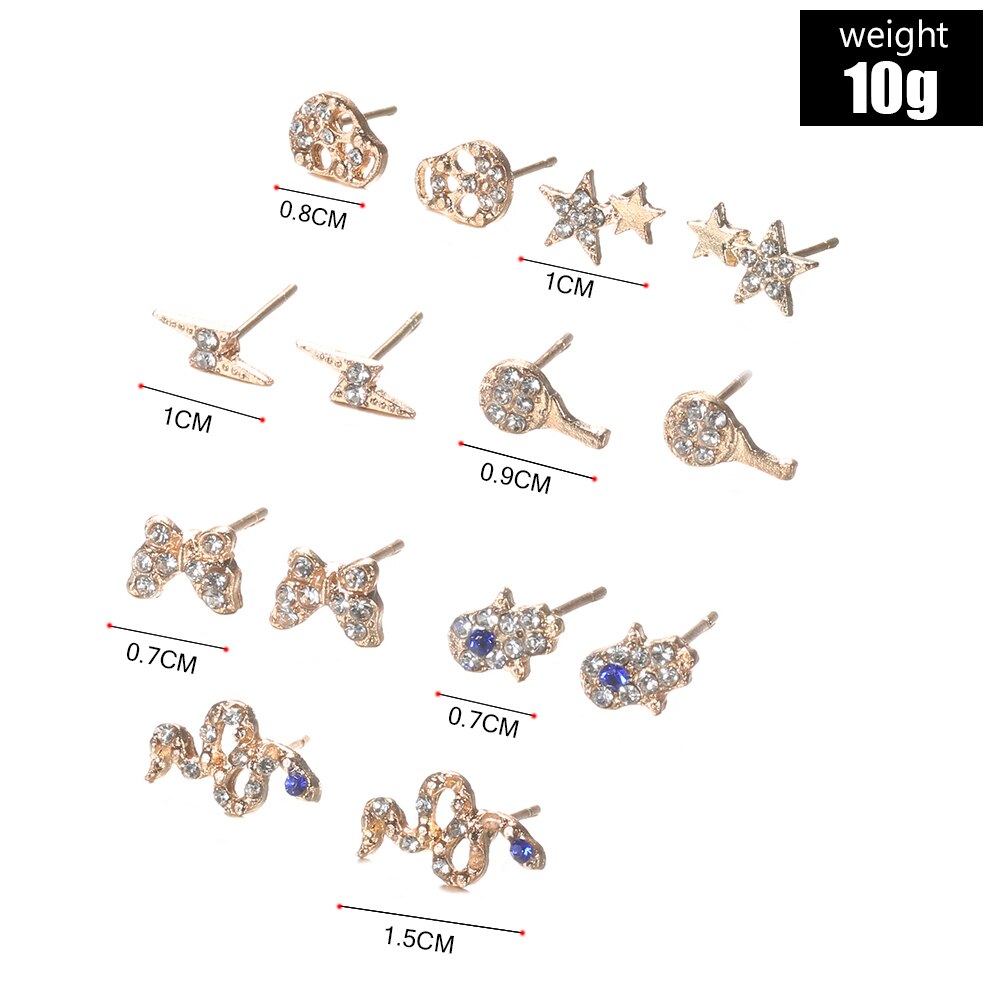 7 Pairs /Set Boho Stars Butterfly Key Skull Hand Earrings Set Women Punk Stud Earring Personality Party Bohemian Wedding Jewelry