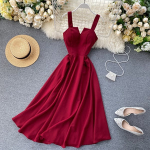 FMFSSOM 2022 Summer V-neck Sexy Open Back Red Dress Women Knee-length Bohemian Style  Solid Spaghetti Strap Party Clothing - Azbrowse