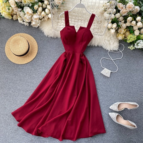 FMFSSOM 2022 Summer V-neck Sexy Open Back Red Dress Women Knee-length Bohemian Style  Solid Spaghetti Strap Party Clothing - Azbrowse