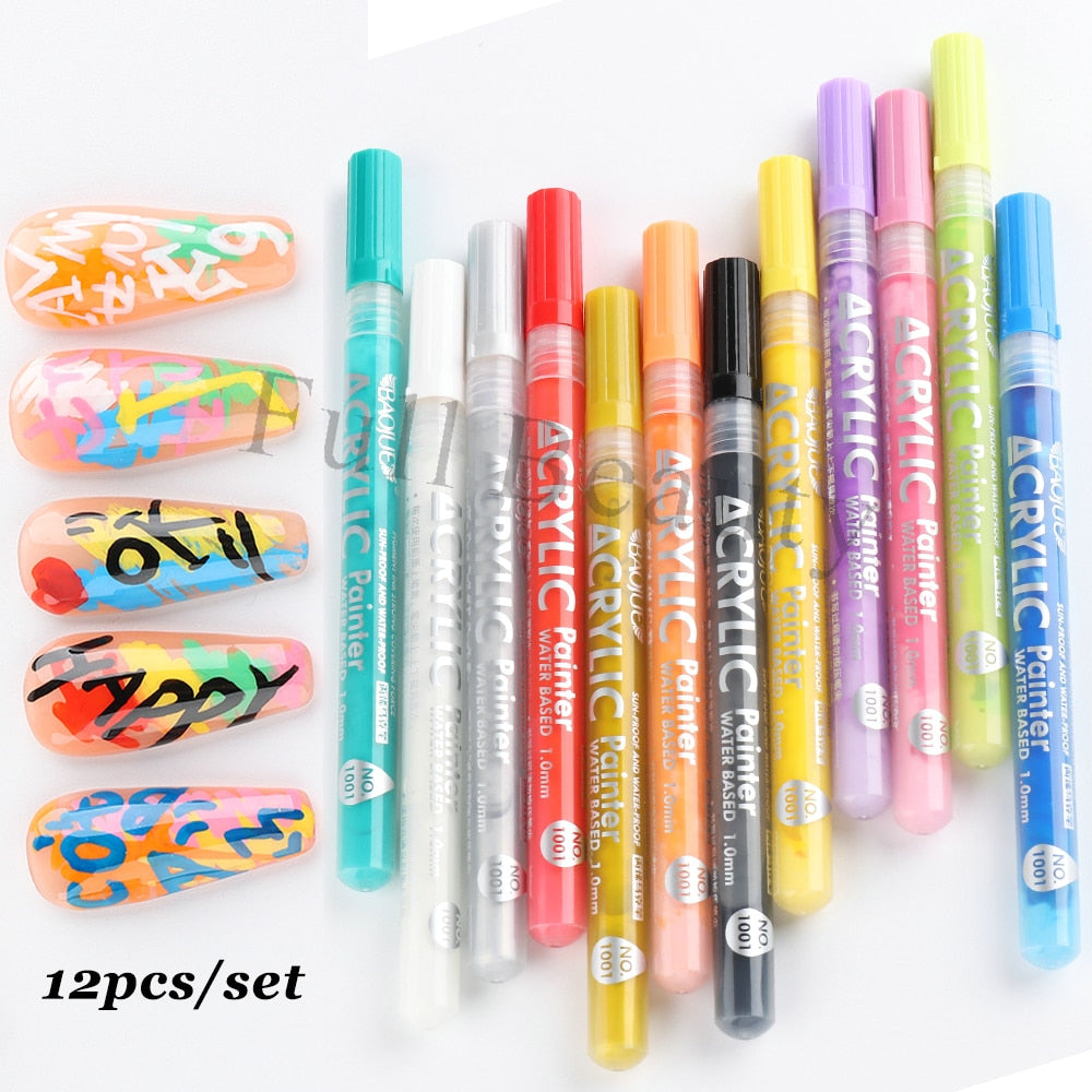 12Pcs Nail Art Graffiti Pen Set Waterproof Drawing Marker Pen For Nails Neon Enemals Black White Painting Gel Manicure GLTY01-12