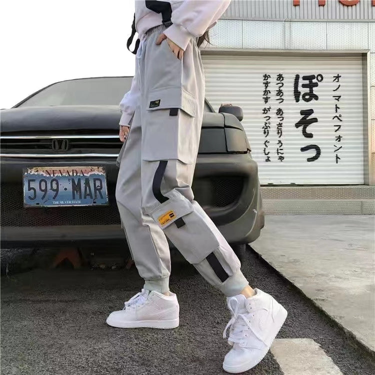 Women Cargo Pants  Harem Pants Fashion Punk Pockets Jogger Trousers With Chain Harajuku Elastics High Waist Streetwear - Azbrowse