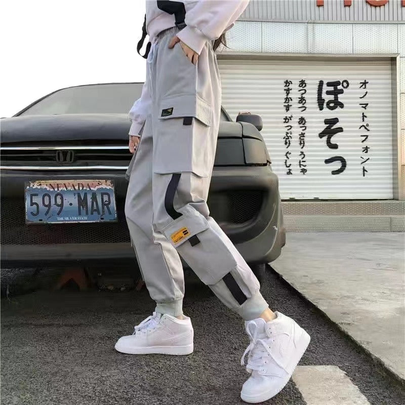 Women Cargo Pants  Harem Pants Fashion Punk Pockets Jogger Trousers With Chain Harajuku Elastics High Waist Streetwear - Azbrowse