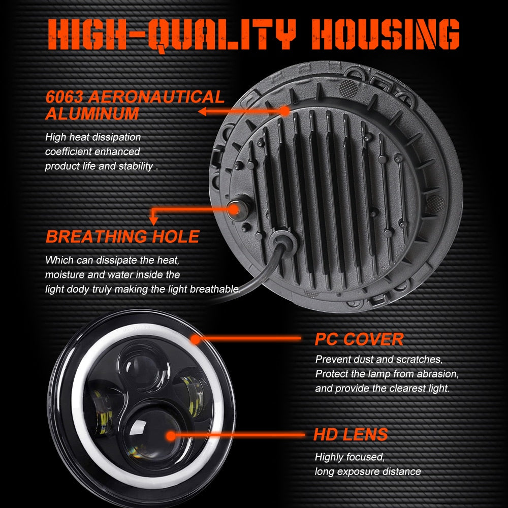 CO LIGHT 7 Inch LED Headlights DRL Hi/Lo Beam 50W 30W Halo Ring Amber Angel Eye For Niva Motorcycle Lada Offroad 4x4 UAZ 12V 24V - Azbrowse