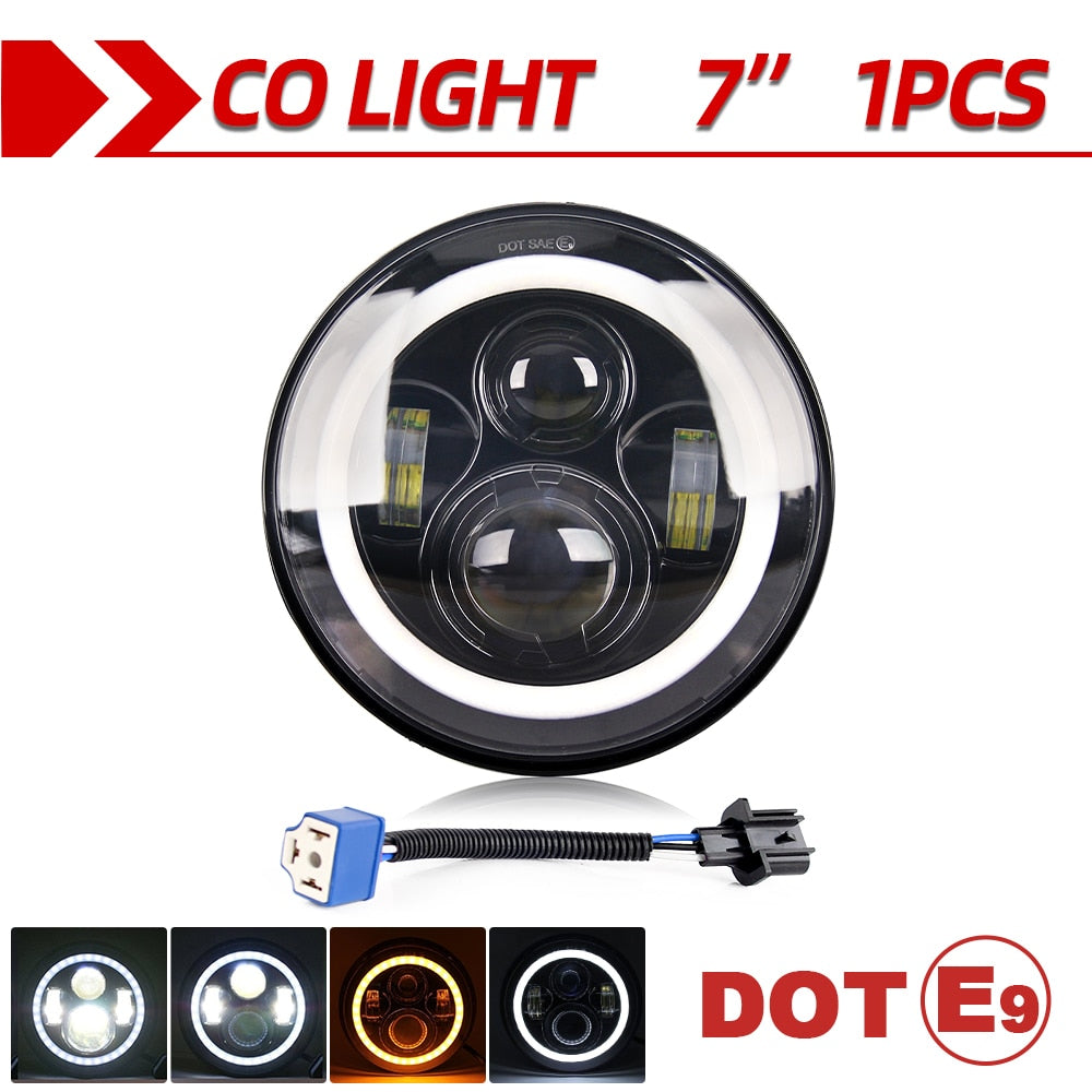 CO LIGHT 7 Inch LED Headlights DRL Hi/Lo Beam 50W 30W Halo Ring Amber Angel Eye For Niva Motorcycle Lada Offroad 4x4 UAZ 12V 24V - Azbrowse