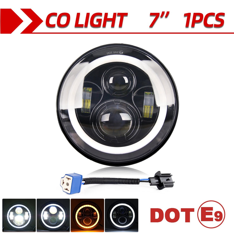 CO LIGHT 7 Inch LED Headlights DRL Hi/Lo Beam 50W 30W Halo Ring Amber Angel Eye For Niva Motorcycle Lada Offroad 4x4 UAZ 12V 24V - Azbrowse
