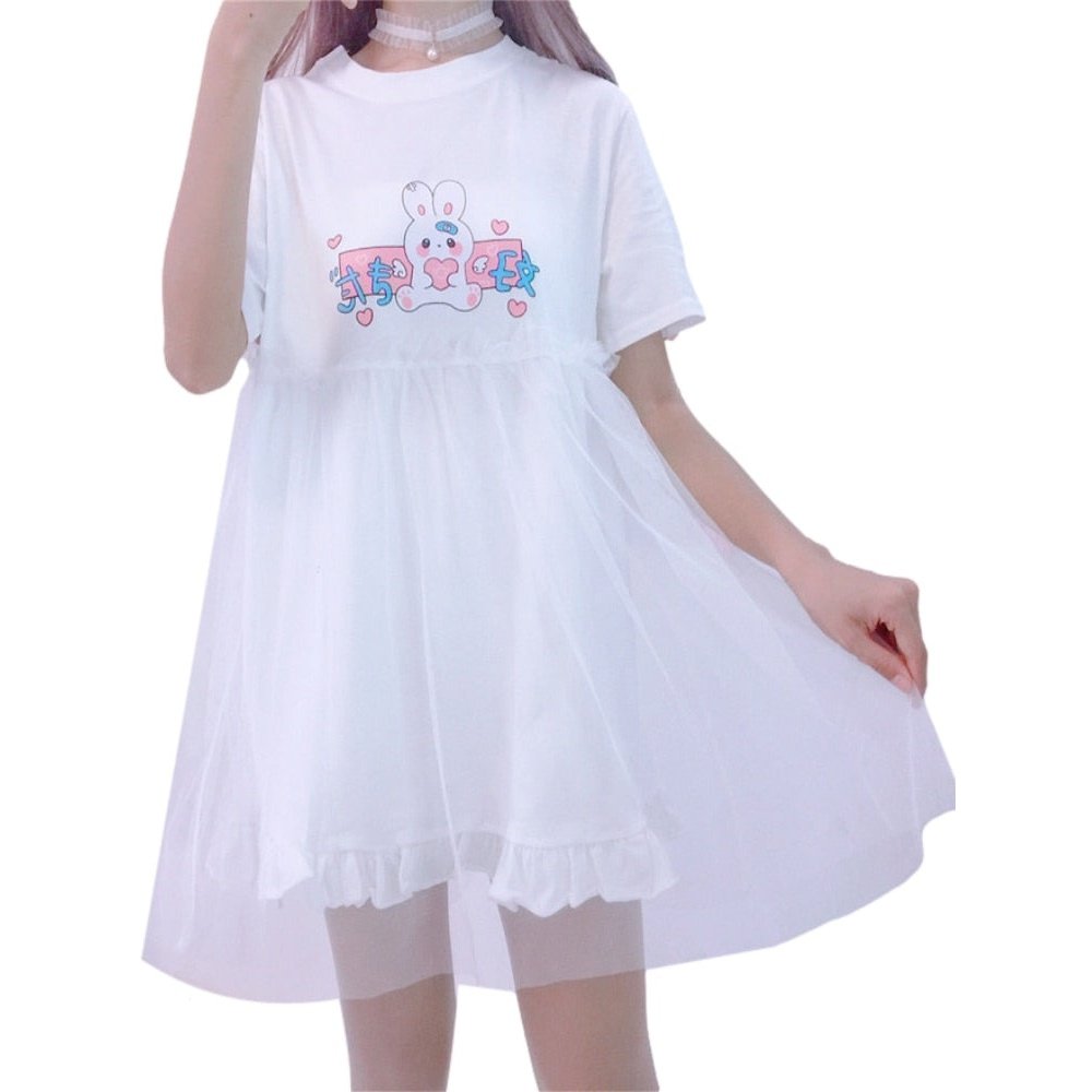 Summer Lolita Tulle Dresses 2022 Women Kawaii Bunny Cute Girl Anime Short Sleeve Pink White Casual T Shirt Dress Female Clothing - Azbrowse