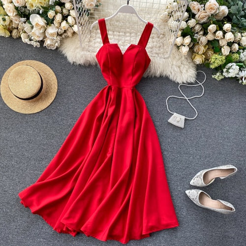 FMFSSOM 2022 Summer V-neck Sexy Open Back Red Dress Women Knee-length Bohemian Style  Solid Spaghetti Strap Party Clothing - Azbrowse